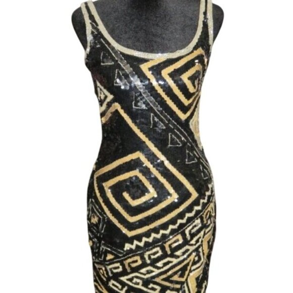 A.J. Bari 100% Silk Vintage Hand Beaded Black Gold Bodycon Shift Midi dress sz 4 - Picture 1 of 9